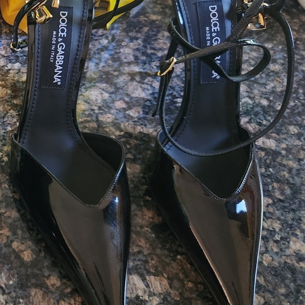 Dolce & Gabbana Lollo Slingbacks Black Heels with Gold Accents - Picture 3 of 8